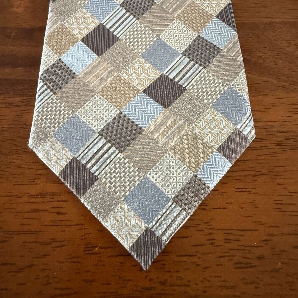Roberto Villini Couture Seven Fold Silk Necktie Beige Gray Blue Checkered 57"